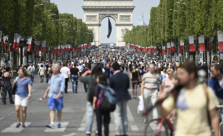 Paris (AFP). Les Champs-Élysées, sous le soleil et sans voitures