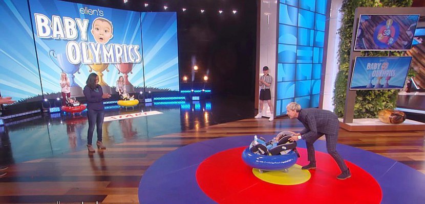 Hors Normandie. Les Baby-Olympics 2018. Épreuve de curling sur le plateau d'Ellen DeGeneres.