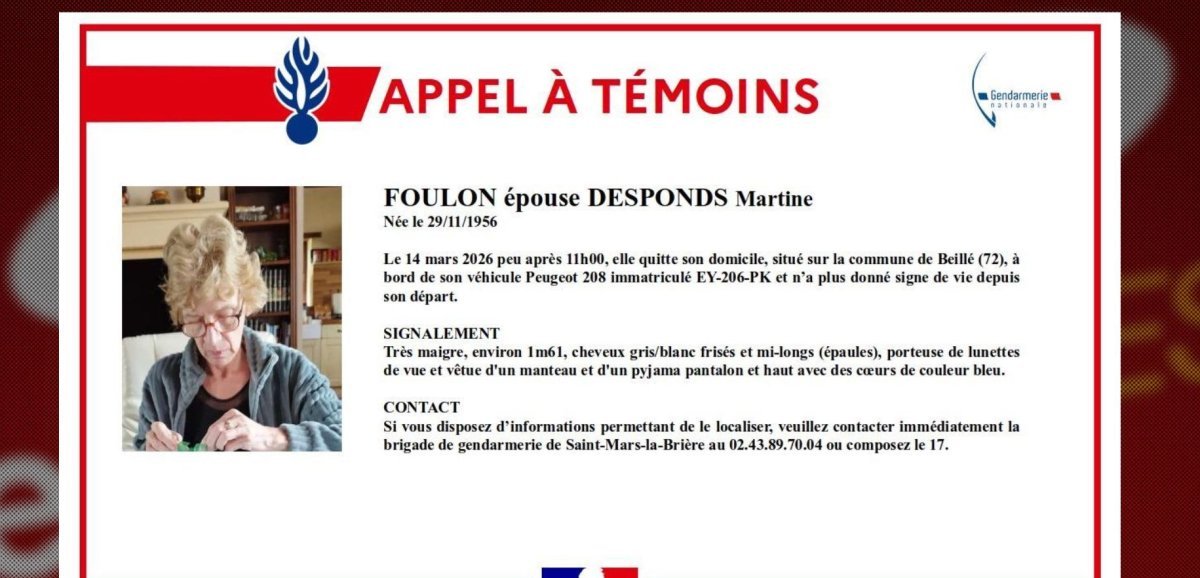 Sarthe. Une sexagénaire portée disparue : la gendarmerie lance un appel ...