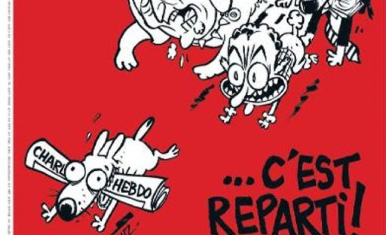 Paris (AFP). C'est reparti !, la nouvelle Une de Charlie Hebdo avec une meute aux trousses du journal 