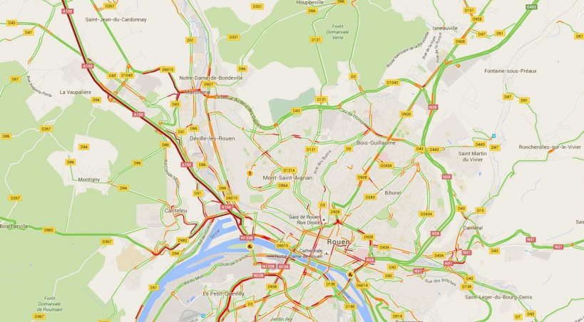 Circulation très perturbée dans l'agglomération rouennaise ce jeudi matin. - Google Maps