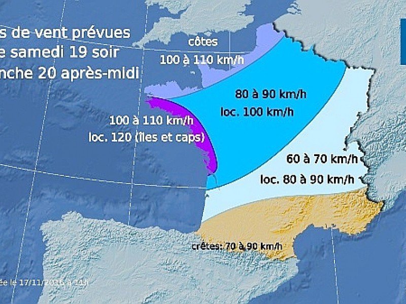 La carte des vents par Météo France.