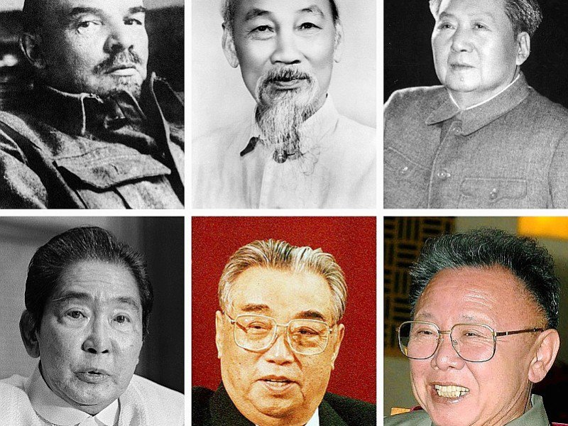 Montage de photos de dirigeants qui ont été embaumés: le soviétique Lénine, le vietnamien Ho Chi Minh, le chinois Mao Tsé-toung, le philippin Ferdinand Marcos, les sud-coréens Kim Il-Sung et Kim Jong-Il - STR [AFP/Archives]