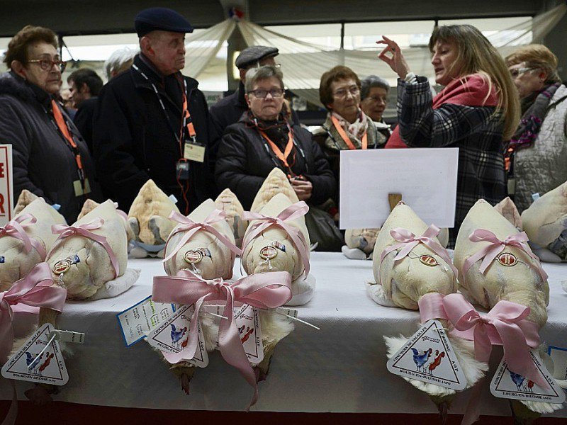 Des poules, chapons et dindes sur un marché de Bourg-en-Bresse pendant le concours "Les Glorieuses of Bresse" le 16 décembre 2016 - JEAN-PHILIPPE KSIAZEK [AFP]