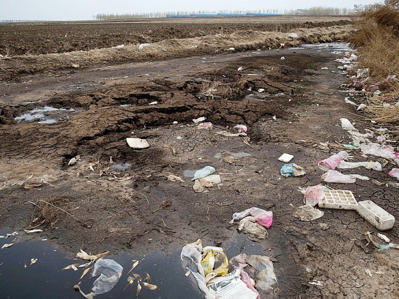 Seringues et emballages de médicaments vétérinaires usagés jonchent le sol à proximité d'une ferme géante le  3 mai 2016 à Gannan en Chine - Nicolas ASFOURI [AFP]