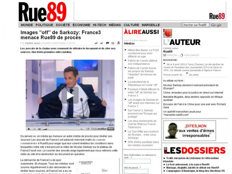 Saisie d'écran réalisée le 2 juillet 2008 à Paris d'une page du site internet de Rue89, proposant l'accès en ligne à une vidéo de Nicolas Sarkozy s'exprimant sur le plateau de France 3, avant son interview proprement dite, le 30 juin 2008 - [AFP/Archives]