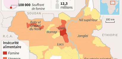 Carte du Soudan du Sud avec localisation des zones touchées par la famine et en crise d'urgence alimentaire - Jean Michel CORNU, Vincent LEFAI [AFP]