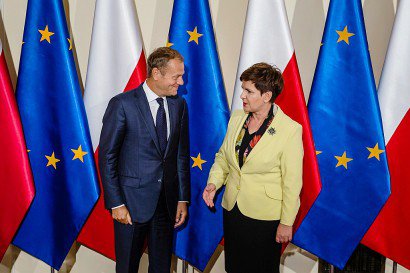 Le président du Conseil de l'Europe Donald Tusk et la Première ministre polonaise Beata Szydlo, le 13 septembre 2016 à Varsovie - WOJTEK RADWANSKI [AFP/Archives]