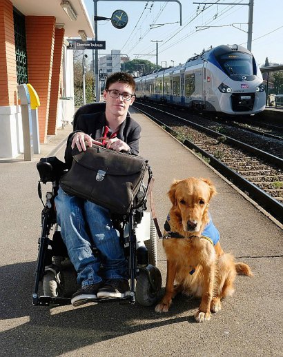 Kevin Fermine, en fauteuil roulant depuis son plus jeune âge, pose avec son chien Djembe le 16 mars 2017 à la gare de Toulouse-Saint-Agne - ERIC CABANIS [AFP/Archives]