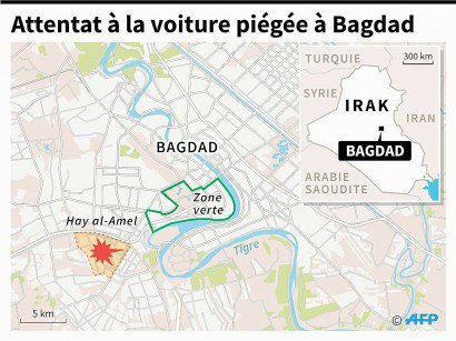 Localisation de Hay al-Amel à Bagdad, touché par un attentat à la voiture piégée lundi. - Iris de VERICOURT , Simon MALFATTO [AFP]