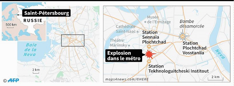 Localisation de Saint-Pétersbourg, où une explosion a fait des victimes dans le métro lundi et où une seconde bombe a été désamorcée - Simon MALFATTO, Sophie RAMIS, Sabrina BLANCHARD [AFP]