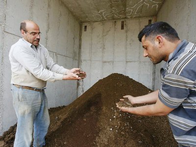 Kamal al-Jebrini (G) tient une poignée de bouse de vache utilisée pour produire du biogaz par méthanisation dans sa ferme d'Hébron en Cisjordanie, le 10 avril 2017 - HAZEM BADER [AFP]