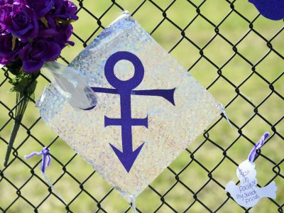 Une colombe en papier et des roses accrochées à un grillage en hommage à l'artiste Prince, décédé il y a un an, à Chanhassen dans le Minnesota le 21 avril 2017 - CRAIG LASSIG [AFP]