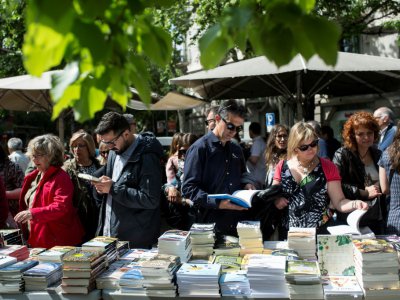 Des Espagnols choisissent un livre à la Saint George, qui fête le livre et la rose, le 23 avril 2017 à Barcelone - Josep LAGO [AFP]