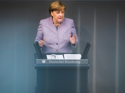 La chancelière allemande Angela Merkel prononce un discours sur l'Europe à Berlin, le 27 avril 2017 - Odd ANDERSEN [AFP]