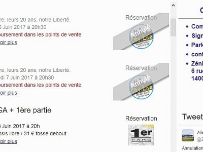 Saisie d'écran des réservations sur le site du Zénith de Caen. - Tendance Ouest