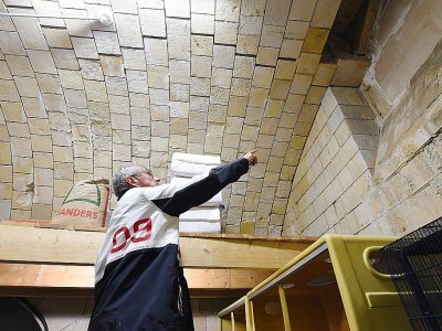 Thierry Blumereau, directeur de l'immobilier et de la logistique du Conseil départemental de Charente-Maritime montre une fissure sur un mur du Fort Boyard, le 3 mai 2017 - MEHDI FEDOUACH [AFP/Archives]