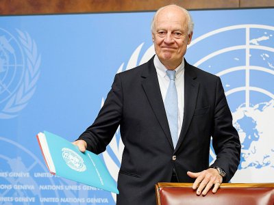 L'envoyé spécial de l'ONU pour la Syrie, Staffan de Mistura, lors d'une conférence de presse à la veille de nouveaux pourparlers de paix, le 15 maiu 2017 à Genève - Fabrice COFFRINI [AFP]