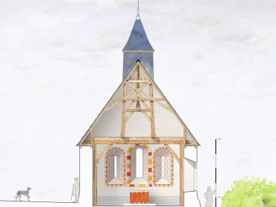 Projection de ce que devrait être après restauration les peintures de la petite église de Méguillaume (Orne). - Eric Mas