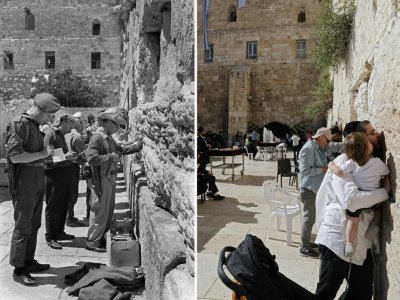 Un montage montrant à gauche des soldats israéliens priant devant le mur des Lamentations à Jérusalem, pendant la guerre des Six Jours, le 9 juin 1967, et des habitants priant au même endroit le 26 mai 2017 - STRINGER, Thomas COEX [AFP/Archives]