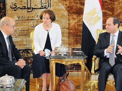 Jean-Yves Le Drian rencontre le président égyptien Abdel Fattab al-Sissi au Palais présidentiel au Caire, sur une photo fournie par la présidence egyptienne le 8 juin 2017 - Handout [EGYPTIAN PRESIDENCY/AFP/Archives]