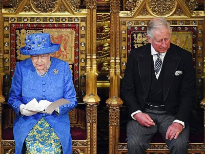 La reine Elizabeth II (g) et son fils le prince Charles, le 21 juin 2017 au parlement britannique à Londres - Carl Court [POOL/AFP]
