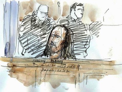 Croquis d'audience montrant Jérémy Bailly, membre présumé de la cellule djihadiste "Cannes-Torcy" le 20 avril 2017 à la cour d'Assises de Paris - Benoit PEYRUCQ [AFP/Archives]