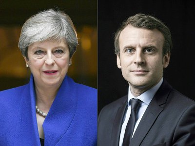 Montage de portraits de Theresa May et Emmanuel Macron réalisé le 12 juin 2017 - Justin TALLIS, Eric FEFERBERG [AFP/Archives]