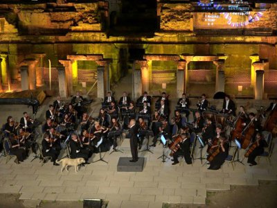 Capture d'écran diffusée le 30 juin 2017 montrant un chien sur scène, lors d'un concert de musique classique près d'Izmir en Turquie - ONUR ACIMAZ [Istanbul Foundation for Culture and Arts (IKSV)/AFP]