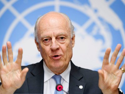L'émissaire de l'ONU pour la Syrie, Staffan de Mistura lors de la conférence de presse après les négociations de Genève le 19 mai 2017 - Fabrice COFFRINI [AFP]