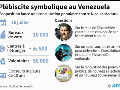Fiche sur le plébiscite populaire proposé par l'opposition dimanche 16 juillet au Venezuela, thèmes - Nicolas RAMALLO [AFP]