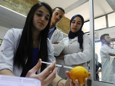 Une scientifique du laboratoire de biotechnologie de l'Université Sidi Mohamed Ben Abdallah de Fès (Maroc) injecte une solution dans une orange pour empêcher les moisissures de se développer, le 30 juin 2017 - STRINGER [AFP]