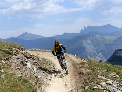 Un cycliste pratique le VTT Alpin, VTT de descente en montagne, le 31 juillet 2017 sur une piste des Deux-Alpes, dans l'Isère - JEAN-PIERRE CLATOT [AFP]