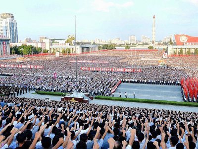 Manifestation de masse à Pyongyang en soutien à la politique nord-coréenne face aux Etats-Unis, le 7 août 2017 - STR [KCNA VIA KNS/AFP]