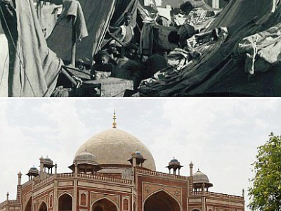 Photographie fournie par les autorités indiennes, montrant un campement érigé derrière les murs du tombeau de Humayun, à New Delhi, pour des réfugiés musulmans au moment de la partition de l'Inde en 1947/1948, et le même site, le 13 juin 2017 - Prakash SINGH, Handout [AFP/Archives]