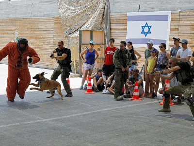 Des touristes étrangers se familiarisent aux techniques israéliennes de lutte contre le "terrorisme" et s'initient au maniement des armes, dans l'ancien camp d'entraînement "Caliber 3", près d'Efrat en Cisjordanie occupée, le 18 juillet 2017 - MENAHEM KAHANA [AFP]