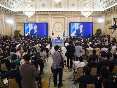 Conférence de presse du président sud-coréen Moon Jae-In à Séoul, le 17 août 2017 - JUNG Yeon-Je [POOL/AFP]