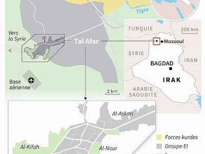 Carte de Tal Afar en Irak montrant les zones contrôlées par les forces en présence au 24 août. - Simon MALFATTO [AFP]