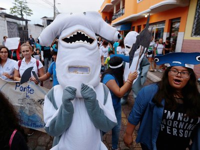 Manifestation contre la pêche illégale sur l'île équatorienne de Santa Cruz aux Galapagos le 14 août 2017, après la découverte de 300 tonnes de poissons, y compris des espèces de requins protégées sur un navire chinois - JUAN CEVALLOS [AFP/Archives]
