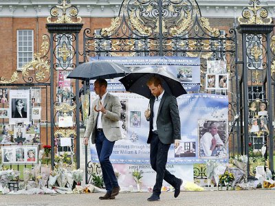 Les prince William et Harry regardent les hommages à leur mère Diana accrochés à la grille de Kensington Palace, où elle résidait à Londres, le 30 août 2017 - Kirsty Wigglesworth [POOL/AFP]