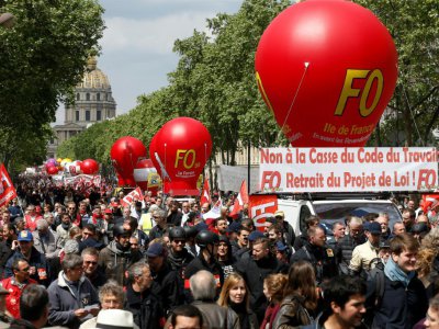 Cortège Force ouvrière (FO) dans une manifestation contre la "loi travail", le 17 mai 2016 à Paris - THOMAS SAMSON [AFP/Archives]