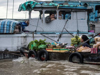 Une marchande de légumes propose ses produits aux habitants d'une maison-bateau sur le marché flottant de Cai Rang, dans le delta du Mékong, le 17 juillet 2017 - Roberto SCHMIDT [AFP]