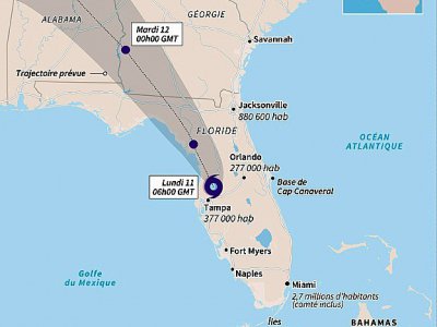 Carte de Cuba et de la Floride localisant la trajectoire d'Irma, lundi matin, avec sa trajectoire prévue jusqu'à mercredi 00h00 - Sophie RAMIS [AFP]