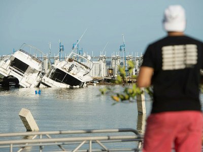 Un homme regarde le 11 septembre 2017 les bateaux de la marina de Miami qui ont souffert du passage d'Irma - SAUL LOEB [AFP]