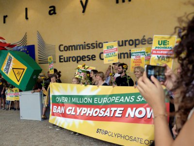 Manifestation contre le glyphosate, herbicide le plus utilisé dans l'UE, devant le siège de la Commission européenne à Bruxelles, le 19 juillet 2017 - THIERRY CHARLIER [AFP]