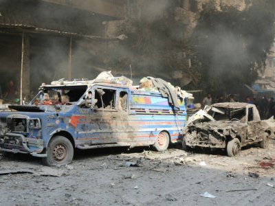 Bombardements aériens d'un marché du village de Maaret al-Numan dans la région d'Idleb en Syrie, le 8 octobre 2017 - Mohamed al-Bakour [AFP]