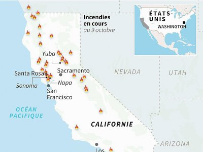 Localisation des princiapux incendies en Californie qui ont fait une dizaine de morts depuis lundi - Laurence CHU [AFP]