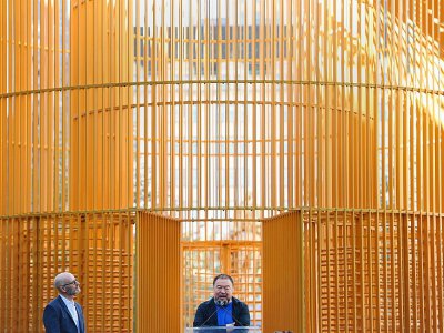 des visteurs dans la "Cage doréee" de l'artiste chinois Ai Weiwei devant son installation  à proximité de la Trump Tower à New York, le 10 octobre 2017 - TIMOTHY A. CLARY [AFP]