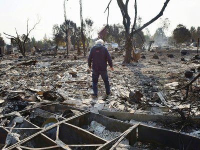Un habitant de Santa Rosa au milieu de ce qui reste de sa maison détruite par des incendies, le 11 octobre 2017 en Californie - Robyn Beck [AFP]