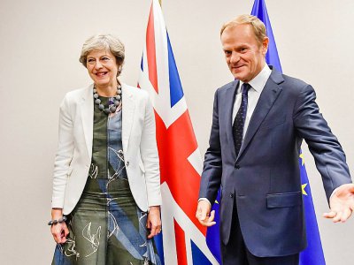 Le président du Conseil européen Donald Tusk accueille Theresa May au sommet de Bruxelles, le 20 octobre 2017 - Geert Vanden Wijngaert [POOL/AFP]